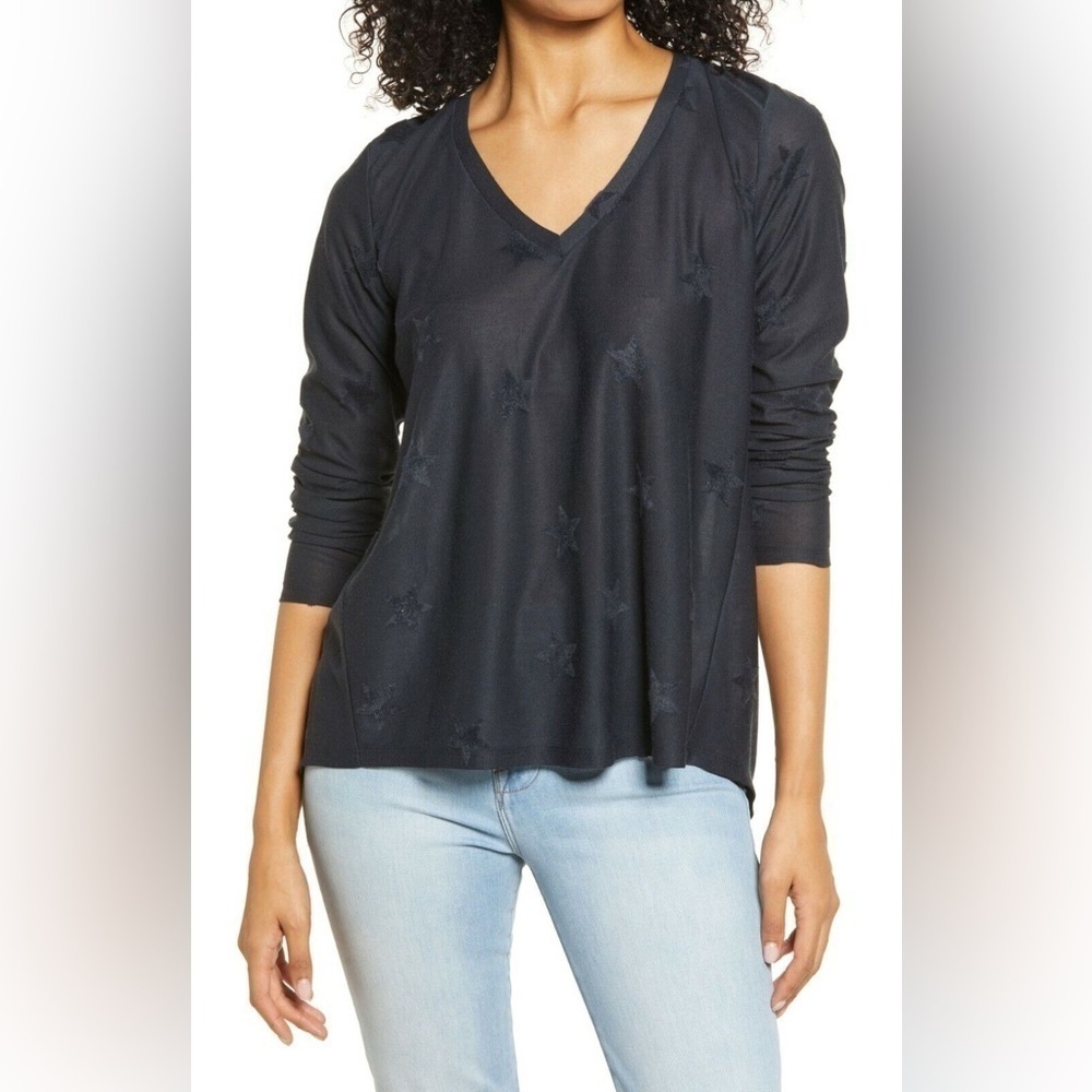 535- Bobeau NWT Size Small Dark Navy Long-Sleeve Sheer Star Top